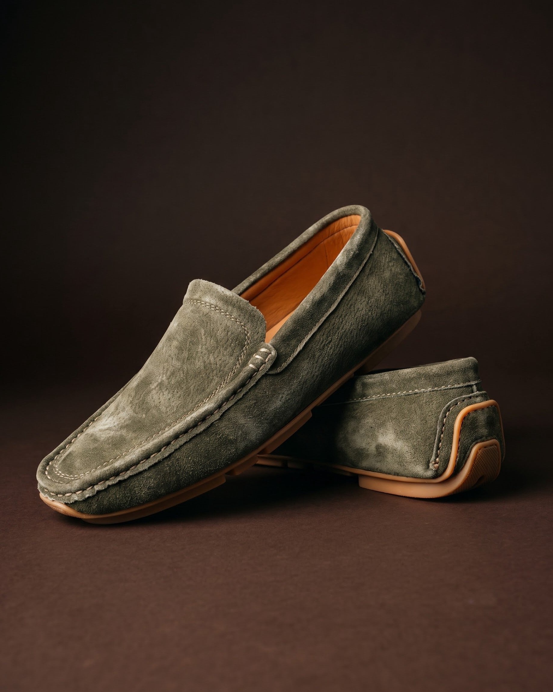 Sawyer men's faux suede driving loafers in olive, front view
