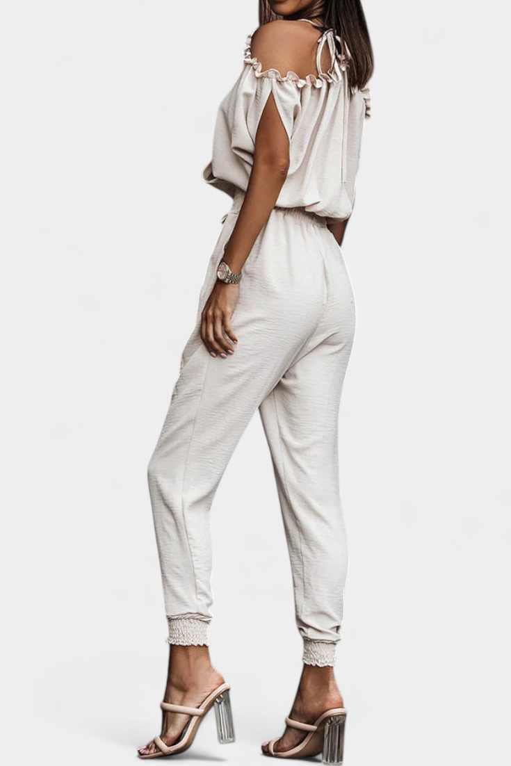 Solene Off Shoulder Jumpsuit with Crossed V Neck and Knotted Detail – women's jumpsuits, view 2
