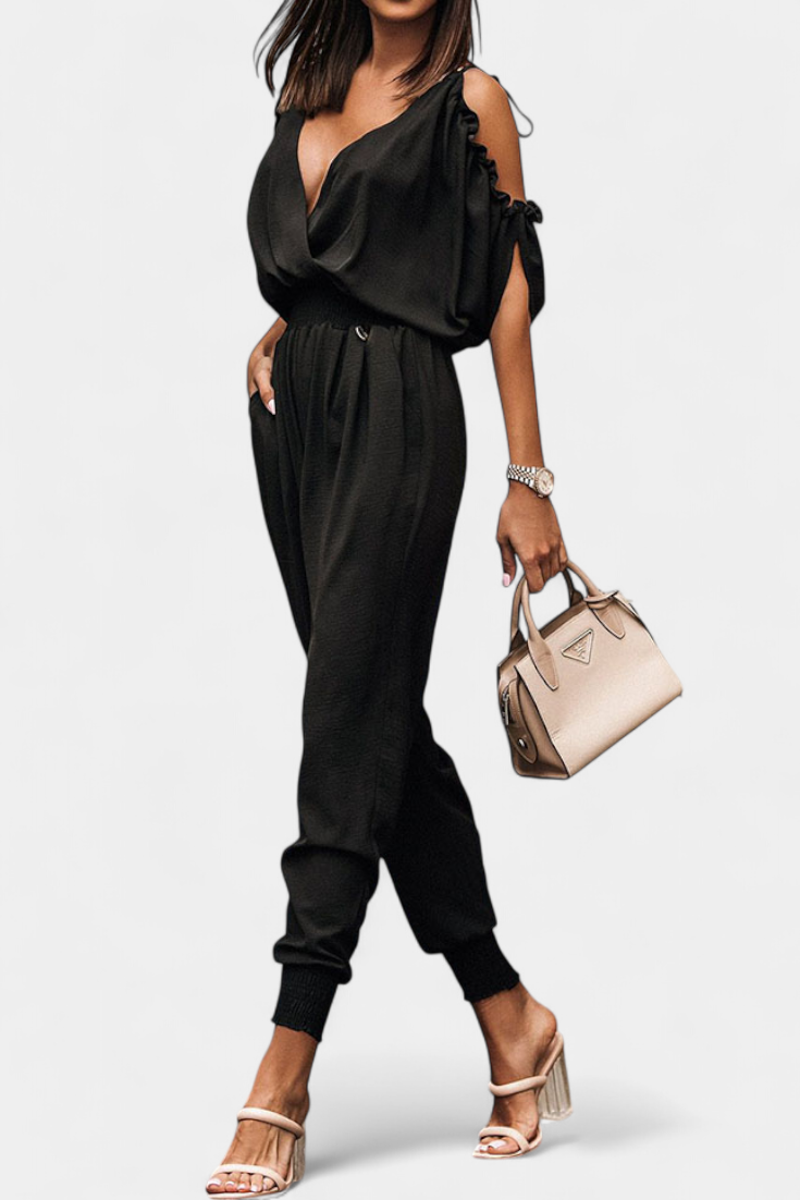 Solene Off Shoulder Jumpsuit with Crossed V Neck and Knotted Detail – women's jumpsuits, view 3