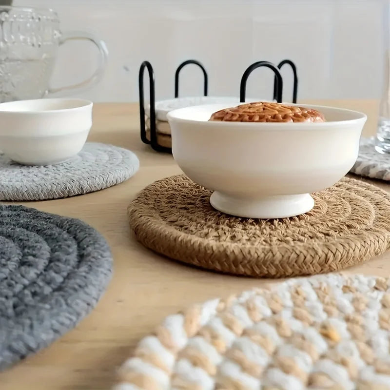 Trama coasters on a table