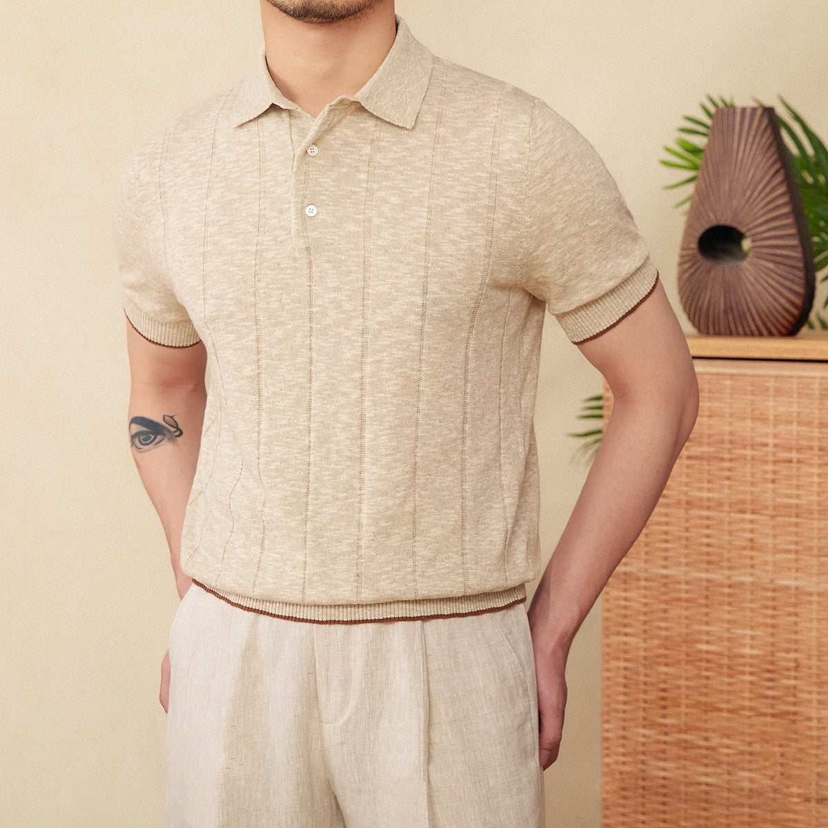 Tremezzo men's cotton-linen knit polo in Oatmeal
