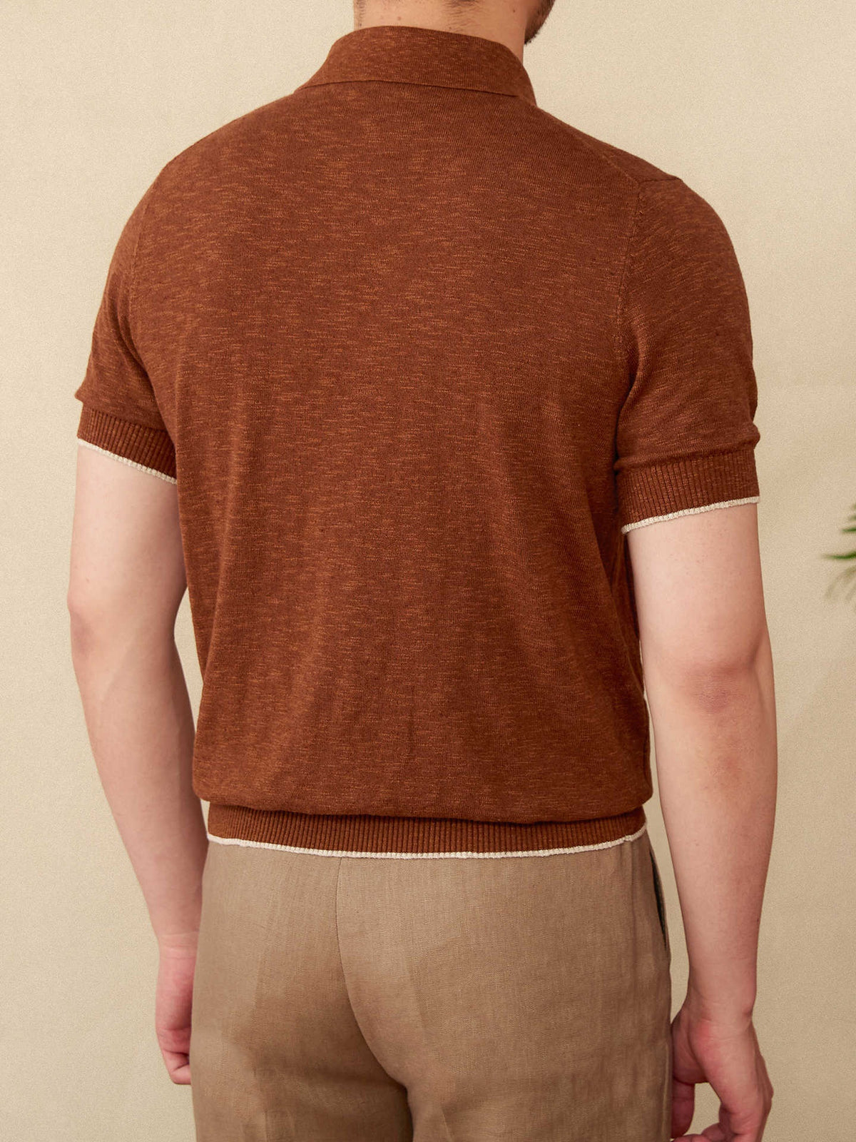 Tremezzo men's cotton-linen knit polo in Terracotta, back view