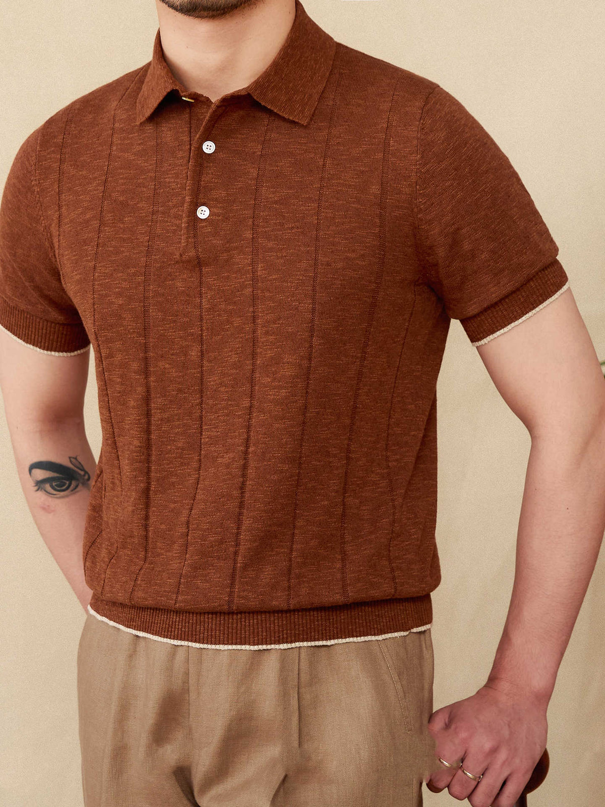 Tremezzo men's cotton-linen knit polo in Terracotta, front view