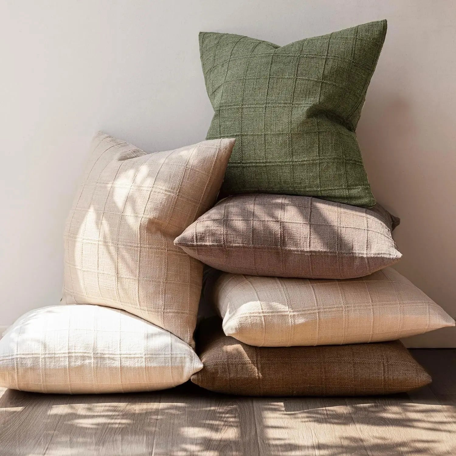 Umbria check cushions stacked