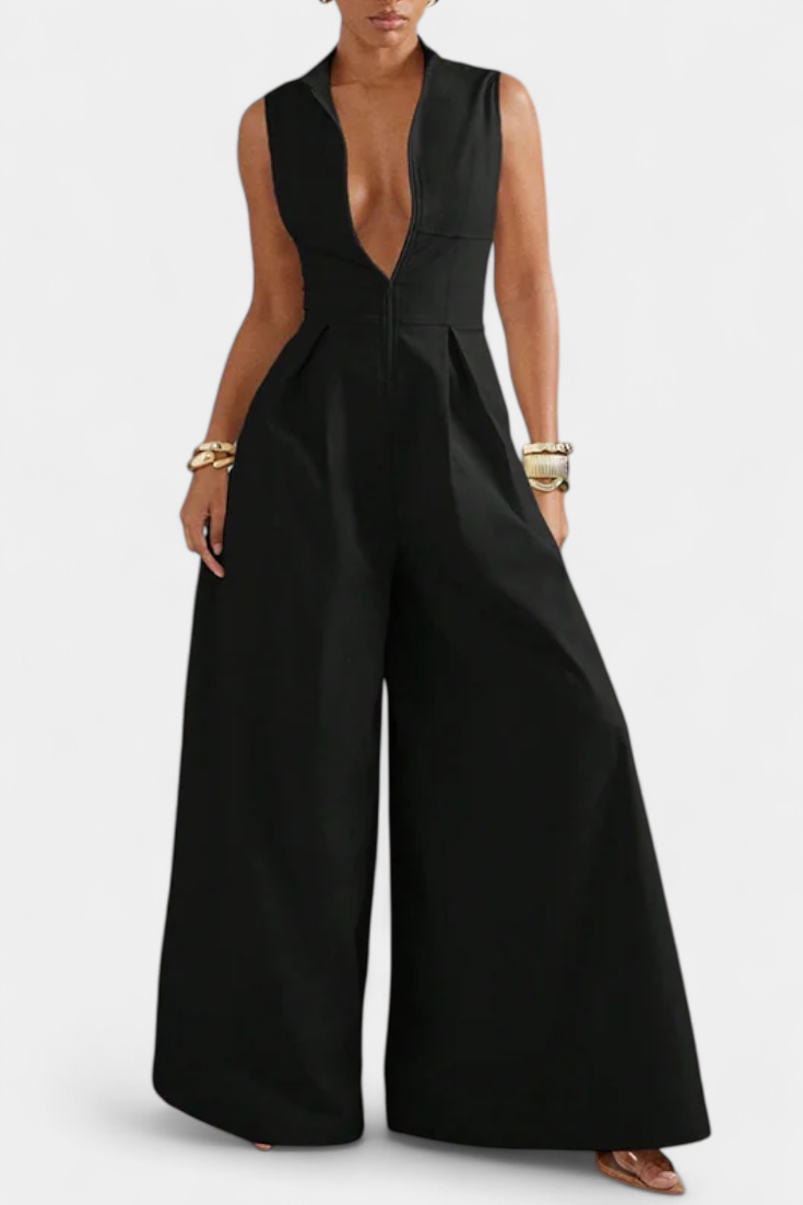 Blanca Pleated Wide Leg Jumpsuit with Round Neck – women's jumpsuits
