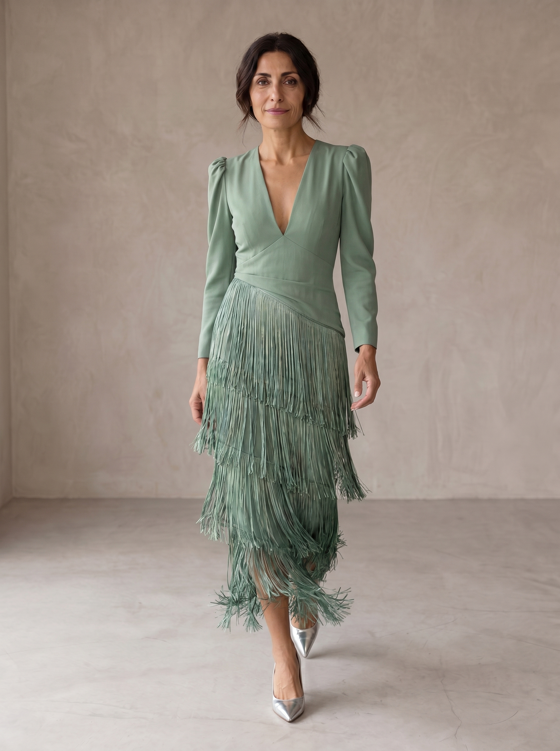 Chiara Sophisticated Dress with Fringe Sleeves