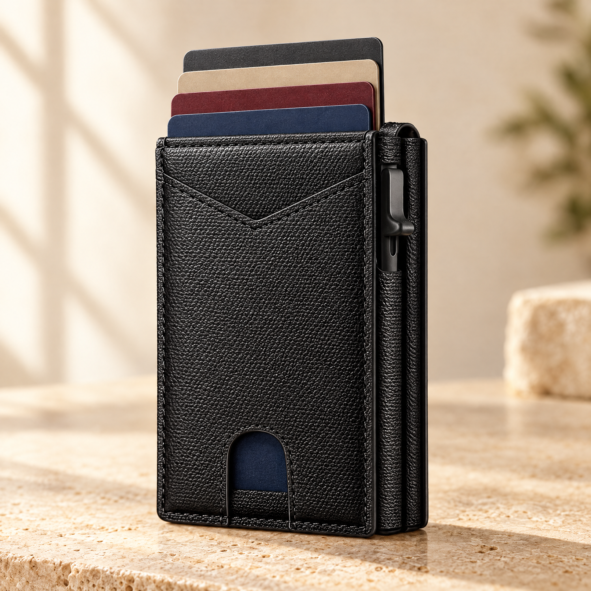 Dante slim pop-up card holder wallet in black with cards fanned out
