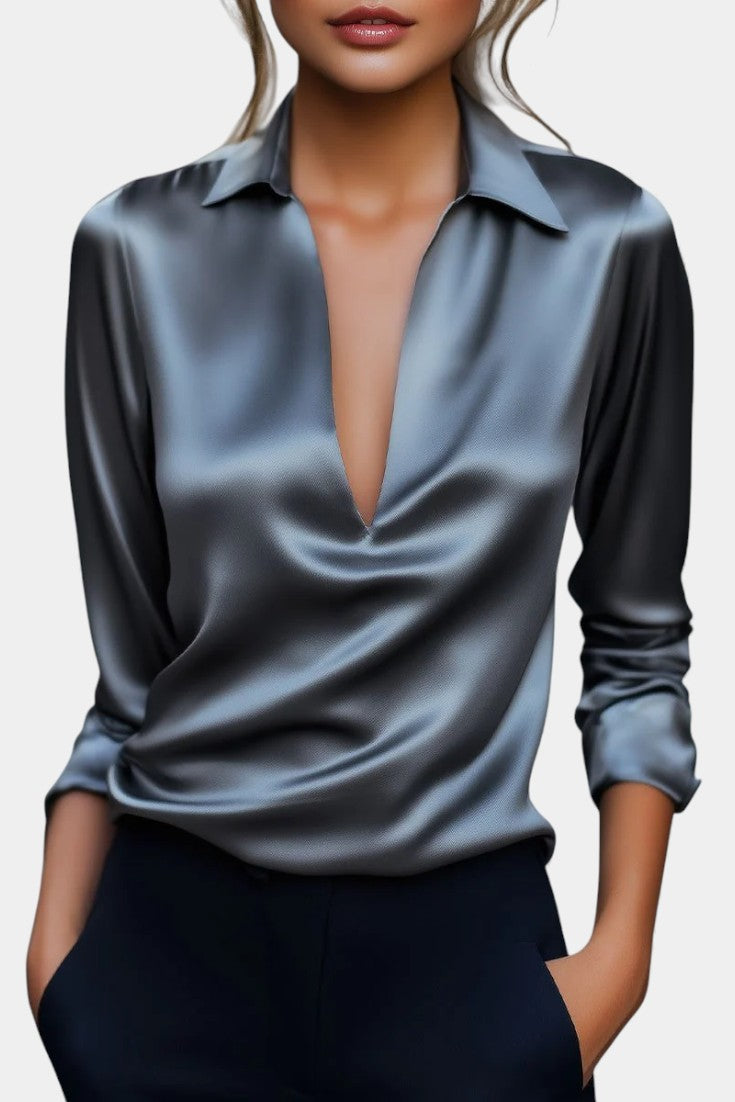 Plunging Neckline Aline Silver Satin Blouse – women's shirts