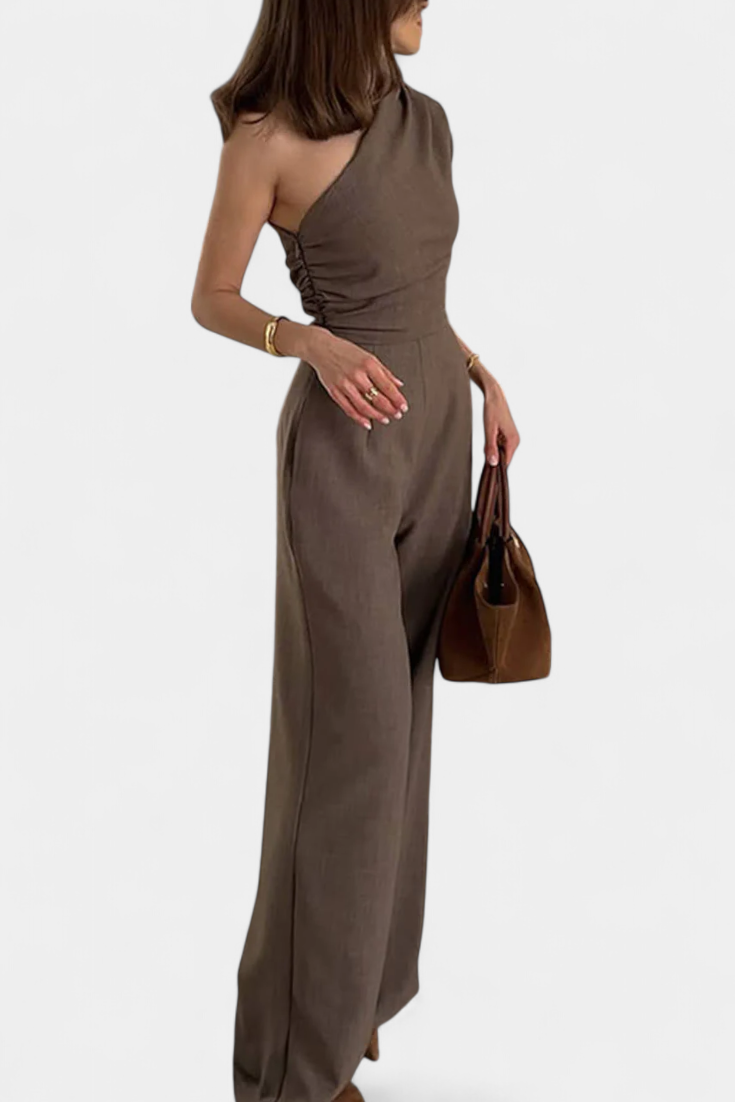 Asymmetrical One Shoulder Jumpsuit with Ruched Accents in Magnolia – women's jumpsuits