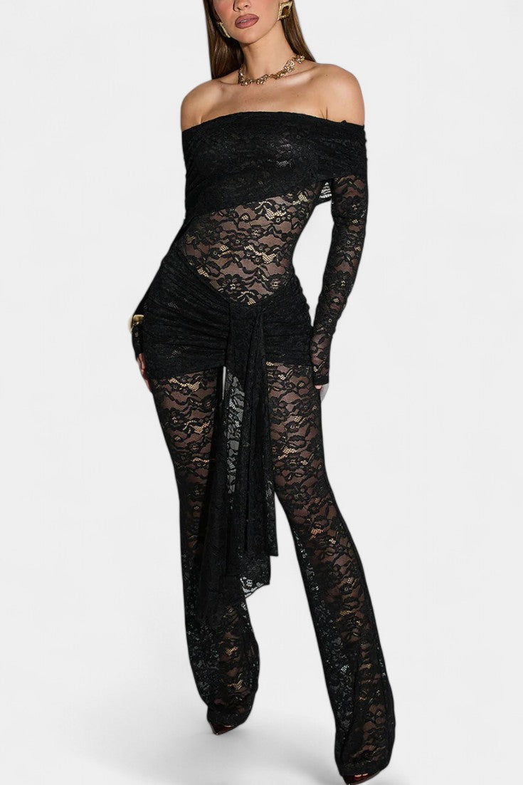 Maristella Bardot Set: Sheer Lace Top with Ruffled Mini Skirt – women's sets