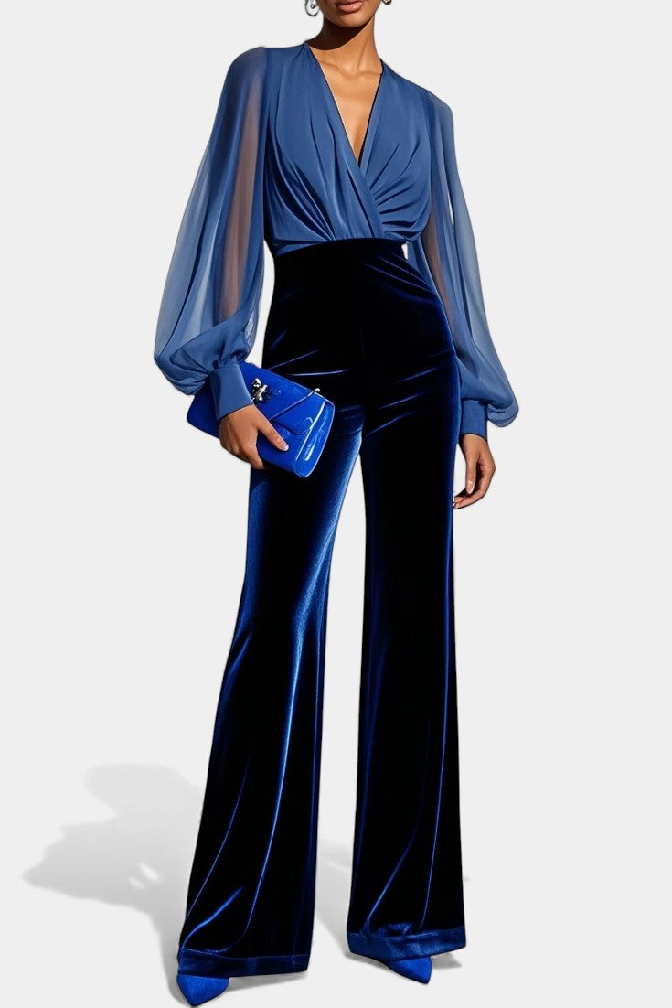 Mikaella V Neck Blue Velvet Jumpsuit with Long Sleeves – women's jumpsuits