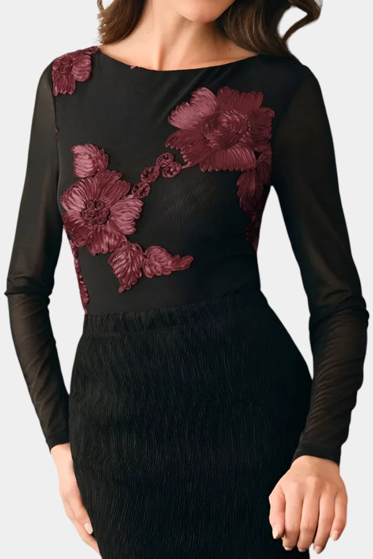 Floral Textured Blouse with Boat Neck and Long Sleeves by Ninon – women's shirts