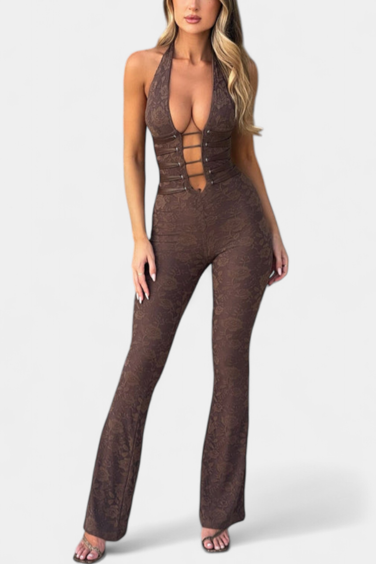 Kendra Floral Lace Halter Jumpsuit Featuring an Open Back – women's jumpsuits