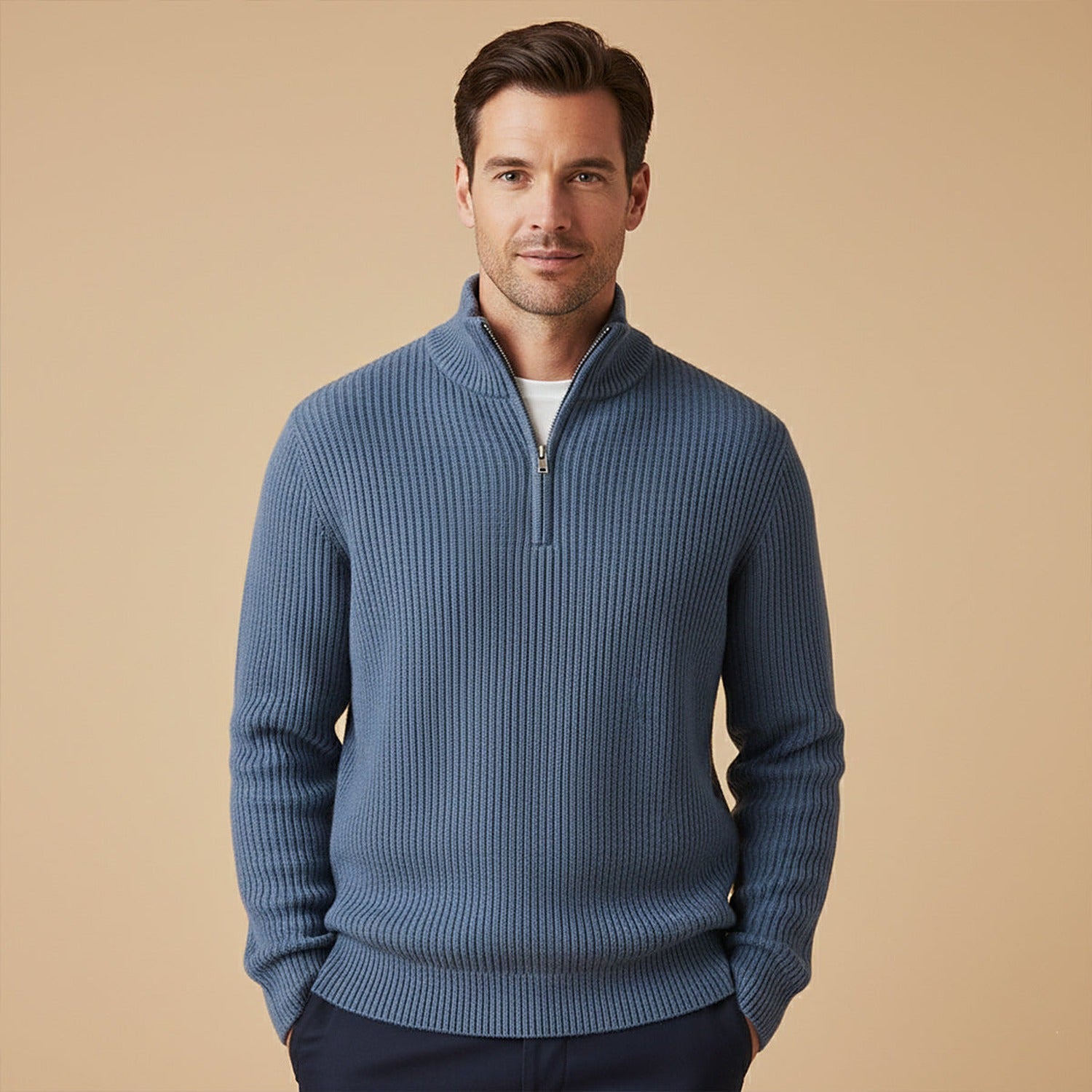 Asiago Ribbed Half-Zip Sweater - Harbor Blue