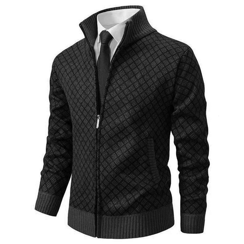 Tobias full-zip mock neck sweater in black, front view on model